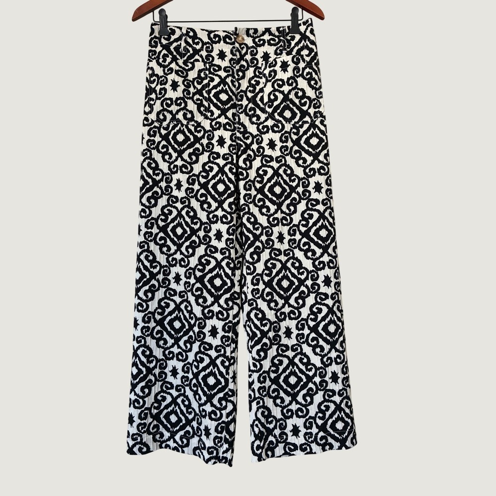 Gigio USA Black White Ikat Wide Leg Pants High Rise Minimalist Seersucker